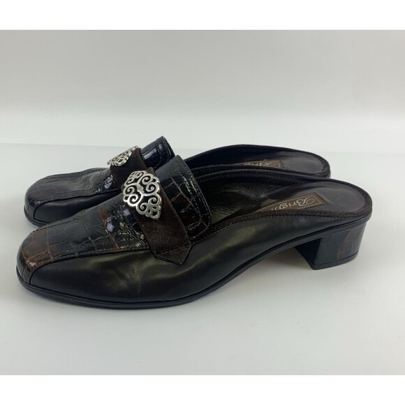 Brighton Avery Heel Mule Brown Croc Leather Slip On Medallion Round Womens 7.5 - Picture 2 of 14